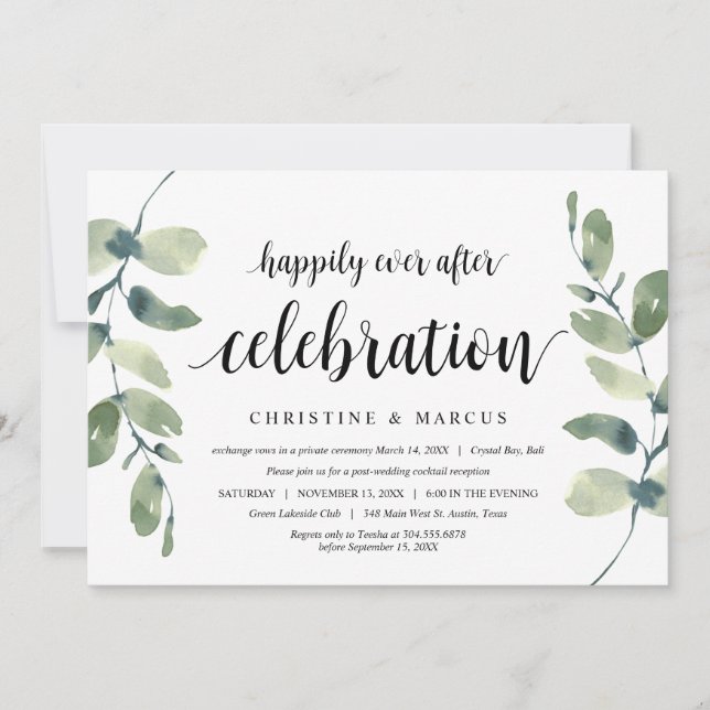 Invitation Verdure Eucalyptus, Noir, Mariage Intime (Devant)
