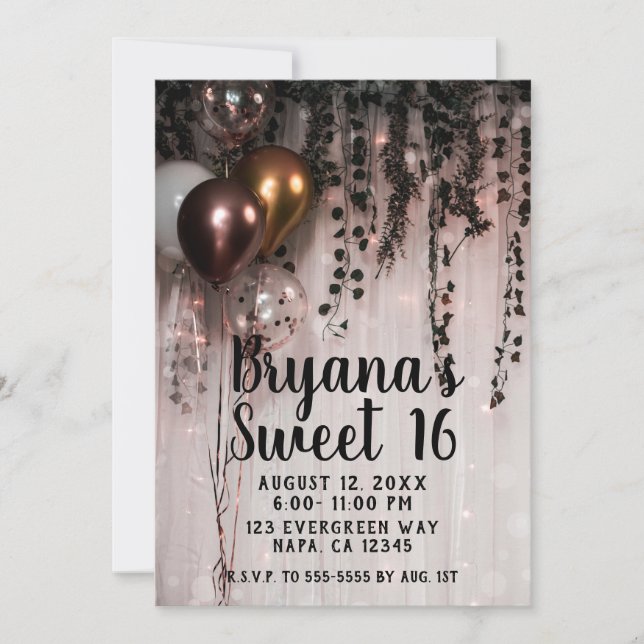 Invitation Verdure Feuille Rose Gold Lights Rustic Sweet 16 (Devant)
