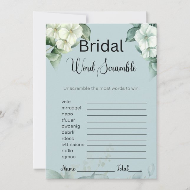 Invitation Verdure & Fleurs Bridal Blue Word Scramble Jeu (Devant)