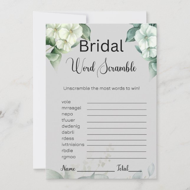 Invitation Verdure & Fleurs Bridal Grey Word Scramble Jeu (Devant)
