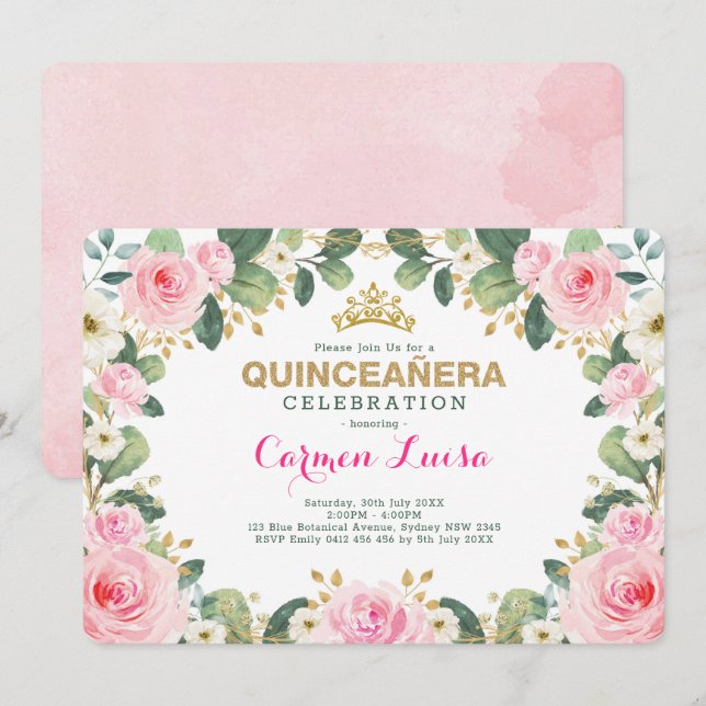 Invitation Verdure florale Quinceanera d'or rose élégant (Devant / Derrière)