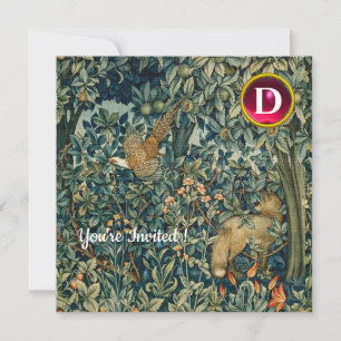 Invitation VERDURE, FOREST ANIMALS Fox, Pheasant, Vert Floral