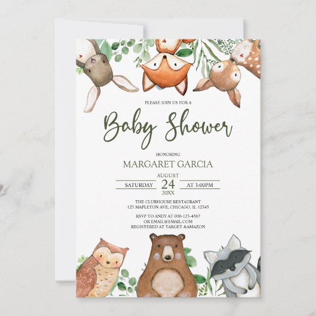 Invitation Verdure Genre Neutre Baby shower WOODLAND Invit (Devant)