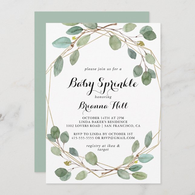Invitation Verdure géométrique Eucalyptus Baby Sprinky (Devant / Derrière)