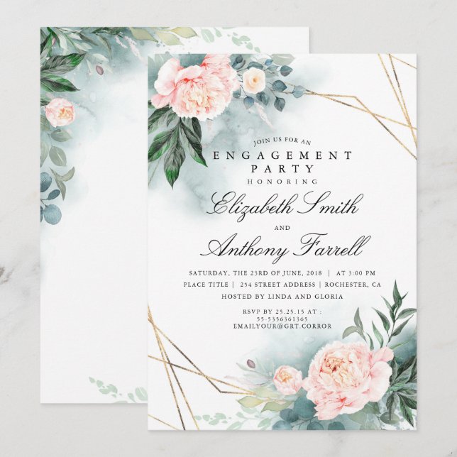 Invitation Verdure Gold Frame Rose Floral Engagement Party (Devant / Derrière)