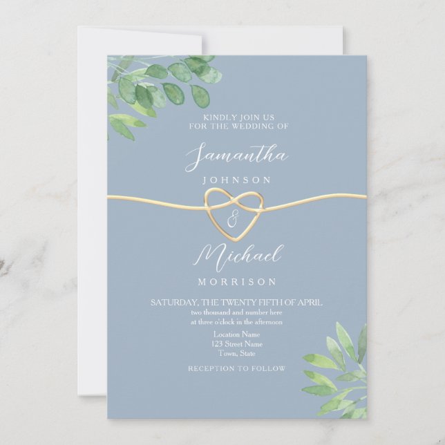 Invitation Verdure Gold Heart Dusty Blue Mariage (Devant)