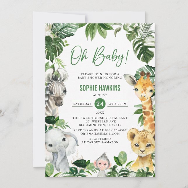 Invitation Verdure Gold Jungle Animaux Safari Oh Baby shower (Devant)