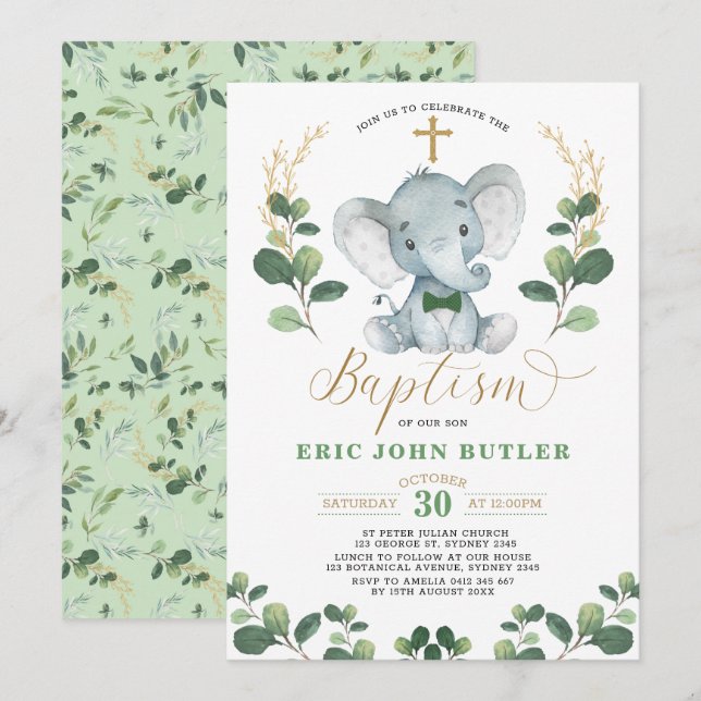 Invitation Verdure Gold Little Man Elephant Bowtie Baptême (Devant / Derrière)