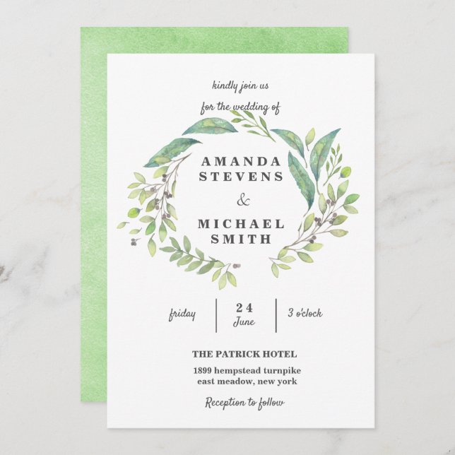 Invitation Verdure Laurel Olive Wreath Aquarelle Mariage (Devant / Derrière)