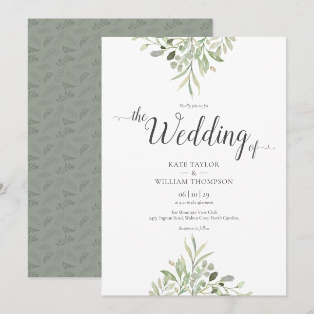 Invitation Verdure Mariage Aquarelle Script de remplissage (Devant / Derrière)