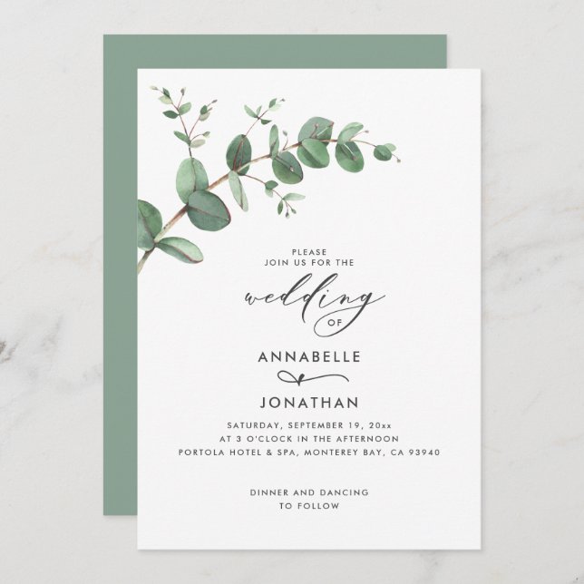 Invitation Verdure mariage Eucalyptus botanique moderne (Devant / Derrière)