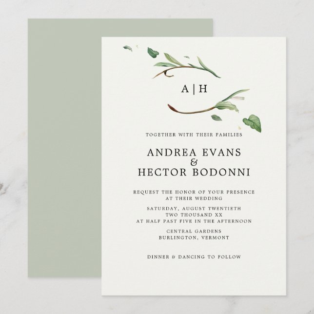 Invitation Verdure minimale Élégante Monogramme Mariage (Devant / Derrière)