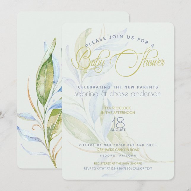 Invitation Verdure moderne Baby shower aquarelle Couples (Devant / Derrière)