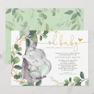 Invitation Verdure moderne Baby shower d'or vert éléphant