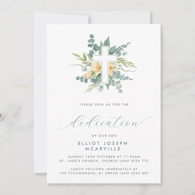 Invitation Verdure moderne Cross Script Baby Dedication (Devant)
