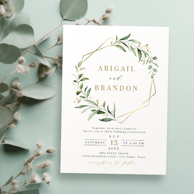 Invitation Verdure moderne or géométrique Mariage rustique gé (Modern Greenery Gold Geometric Rustic Wedding Invitation)