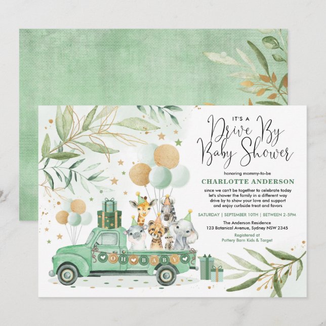 Invitation Verdure Neutre - Gold Safari Drive Par Baby shower (Devant / Derrière)
