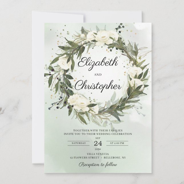 Invitation Verdure Olivier Foliage Wreath White Roses Mariage (Devant)