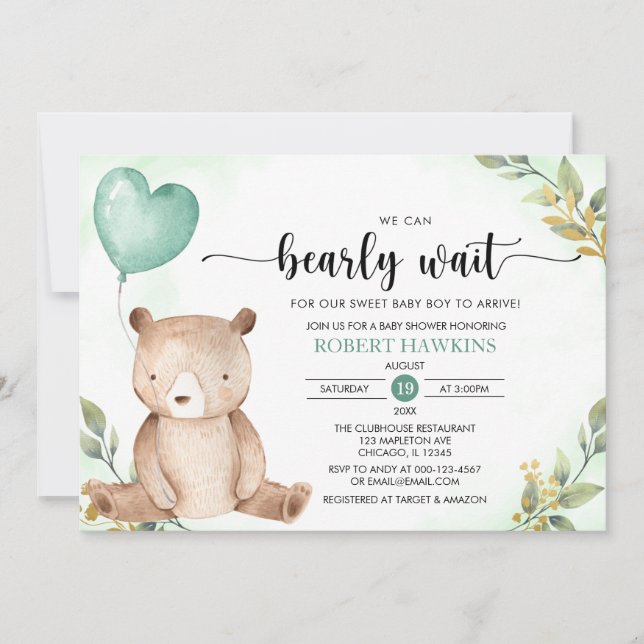 Invitation Verdure On Peut Attendre Le Baby shower Ours En Fo (Devant)