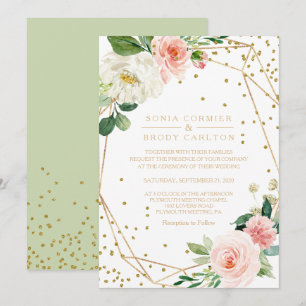 Invitation Verdure & Or Géométrique Élégant Mariage Floral