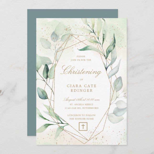 Invitation Verdure Or Géométrique Eucalyptus Christening (Devant / Derrière)