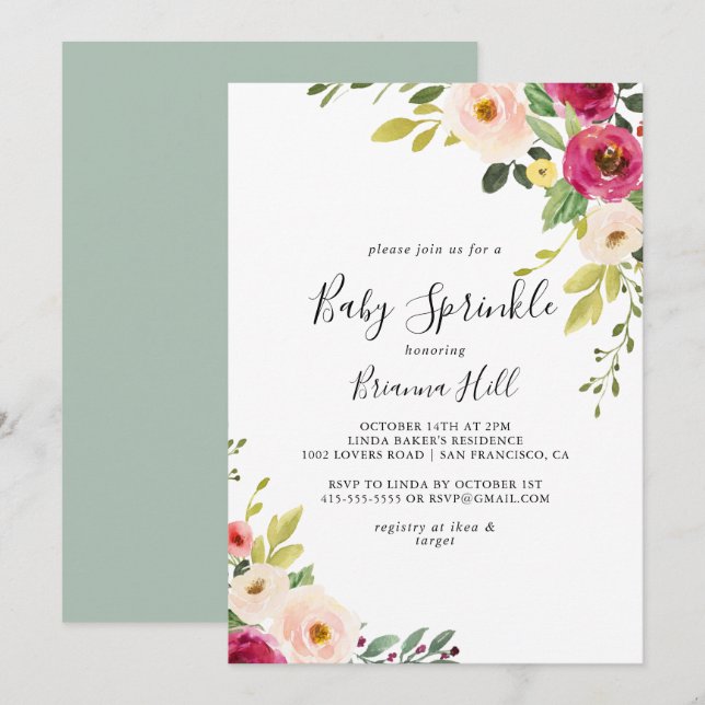 Invitation Verdure Rose Blush Floral Baby Sprinky (Devant / Derrière)