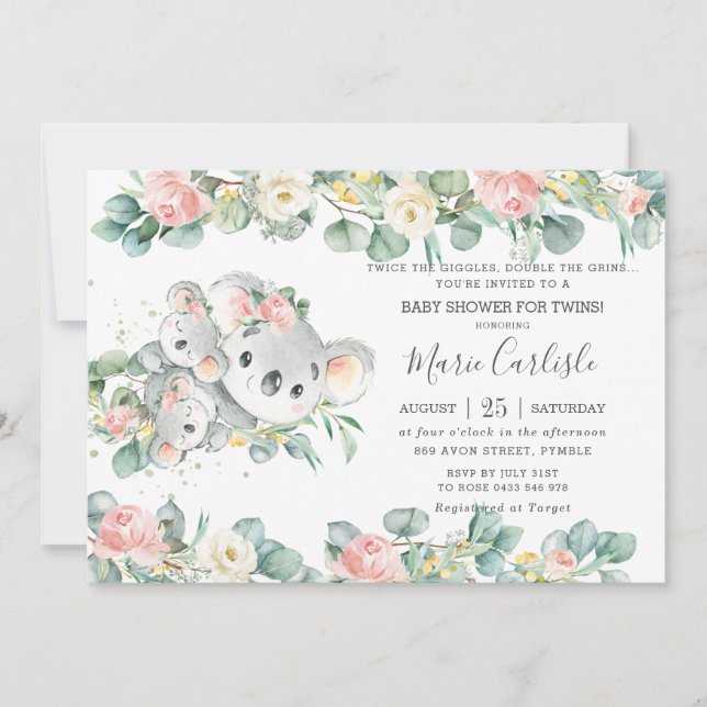 Invitation Verdure rose florale Koala Baby shower Twin Girls (Devant)