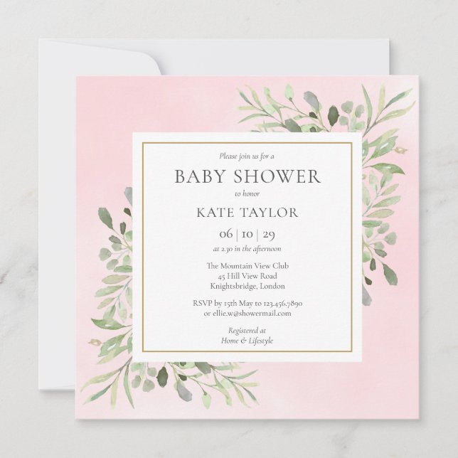 Invitation Verdure rose or bébé fille douche | Saupoudrer (Devant)