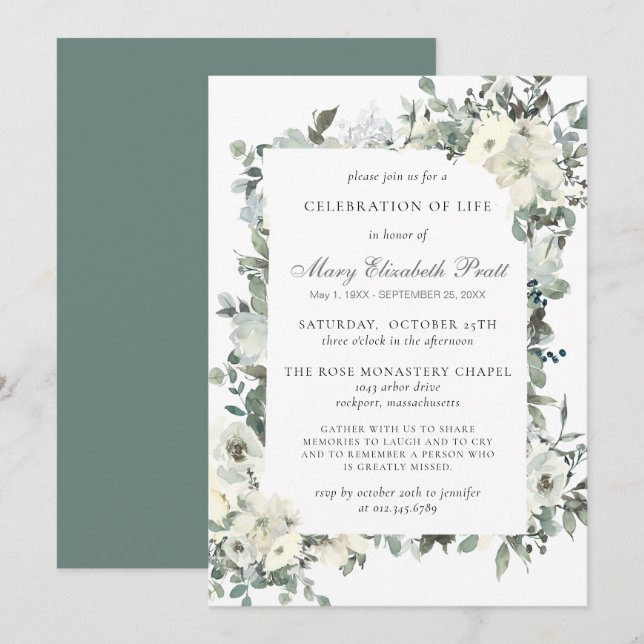 Invitation Verdure rustique Blanc Floral Célébration de la vi (Devant / Derrière)