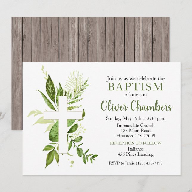 Invitation Verdure rustique Croix verte Boy Baptême garçon (Devant / Derrière)