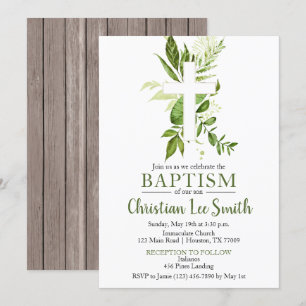 Invitation Verdure rustique Croix verte Boy Baptême garçon