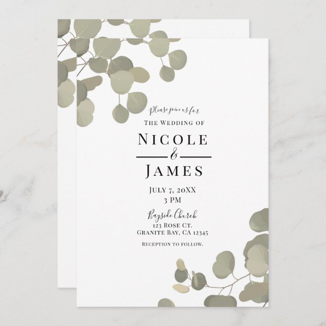 Invitation Verdure rustique Eucalyptus Élégant Mariage modern (Devant / Derrière)