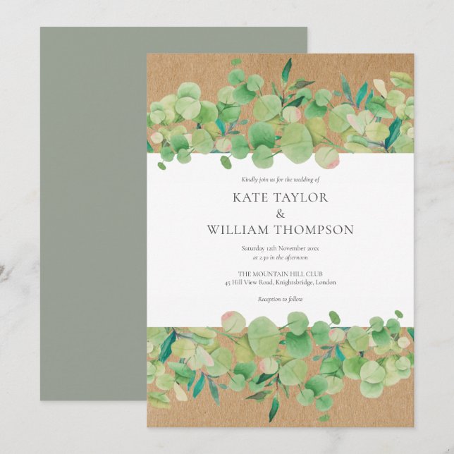 Invitation Verdure rustique Eucalyptus Garland Mariage (Devant / Derrière)