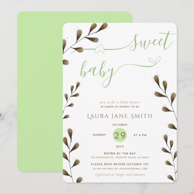 Invitation Verdure rustique Genre Neutre Baby shower doux (Devant / Derrière)