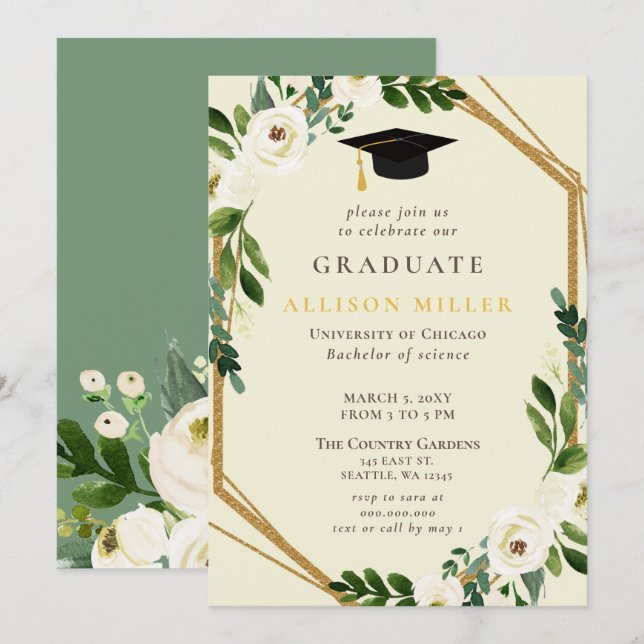 Invitation Verdure rustique Or ivoire Graduation Florale (Devant / Derrière)