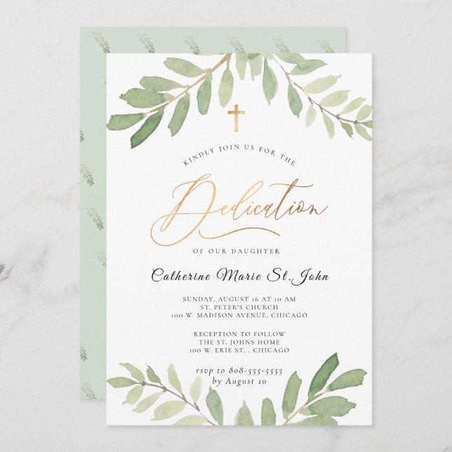 Invitation Verdure rustique Sage Green Faux Gold Dedication (Devant / Derrière)