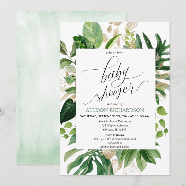 Invitation Verdure tropicale et baby shower or élégant (Devant / Derrière)