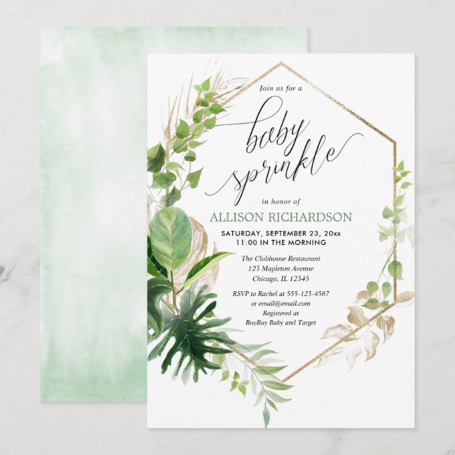 Invitation Verdure tropicale et dorée élégante saupoudrée béb (Devant / Derrière)