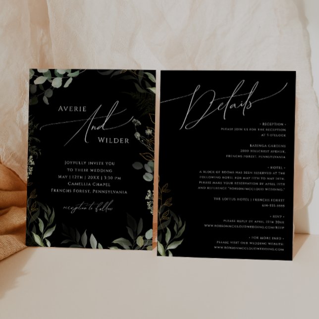Invitation Verdure Whimsical Or noir Tout en un Mariage (Créateur téléchargé)