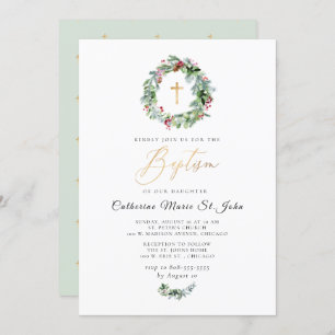 Invitation Verdure Wreath Winter Faux Gold Baptême