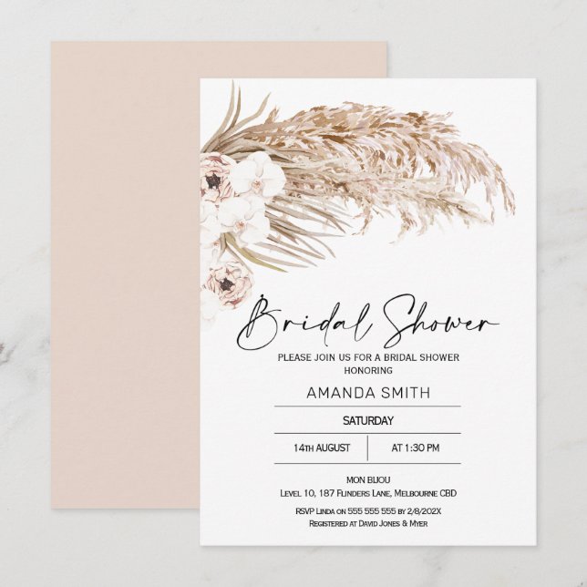 Invitation Vergers bohémiens Pampas Grass Fête des mariées (Devant / Derrière)