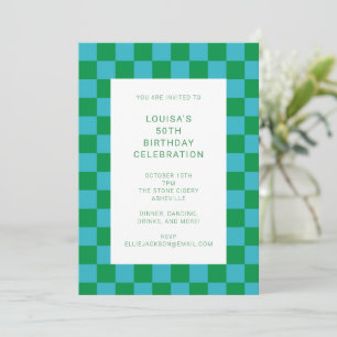 Invitation Vérificateur amusant damier bleu vert géométrique