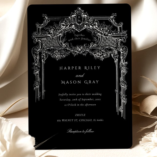 Invitation Véritable Mariage d'ornement noir et blanc (Créateur téléchargé)