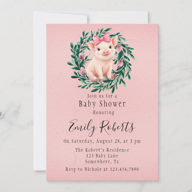 Invitation Vermine d'aquarelle avec Baby shower de fille de p (Devant)