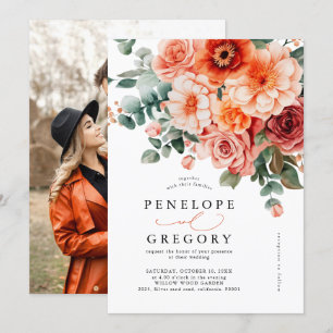 Invitation Verona Sunset Bright Orange  Floral Photo Mariage