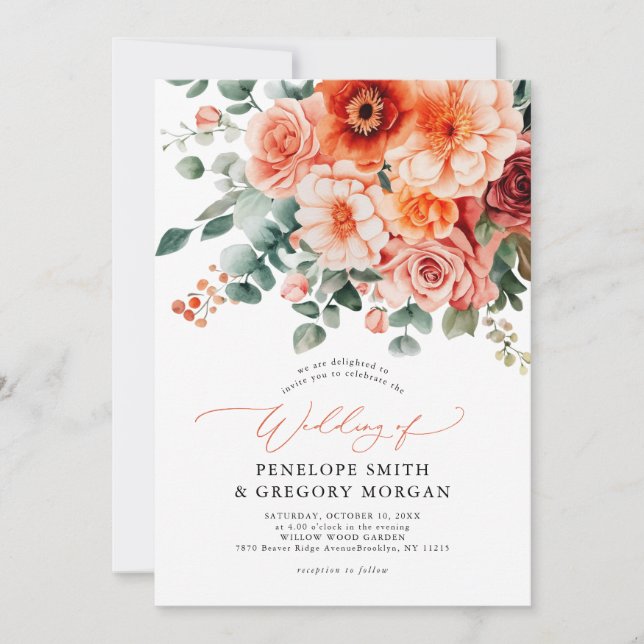 Invitation Verona Sunset Bright Orange Moderne Mariage Floral (Devant)
