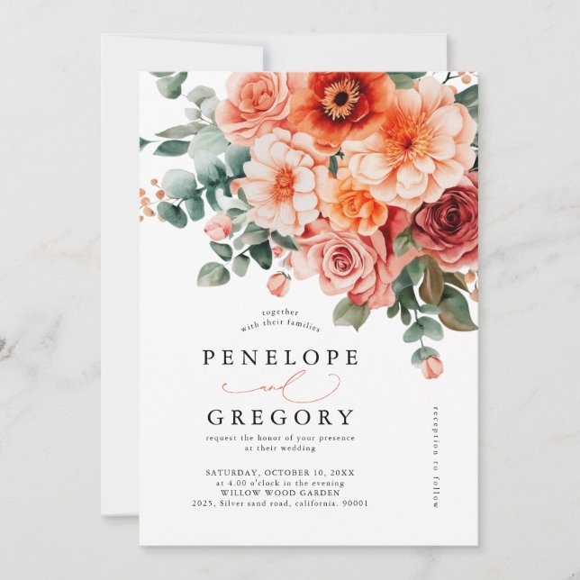 Invitation Verona Sunset Bright Orange Moderne Mariage Floral (Devant)