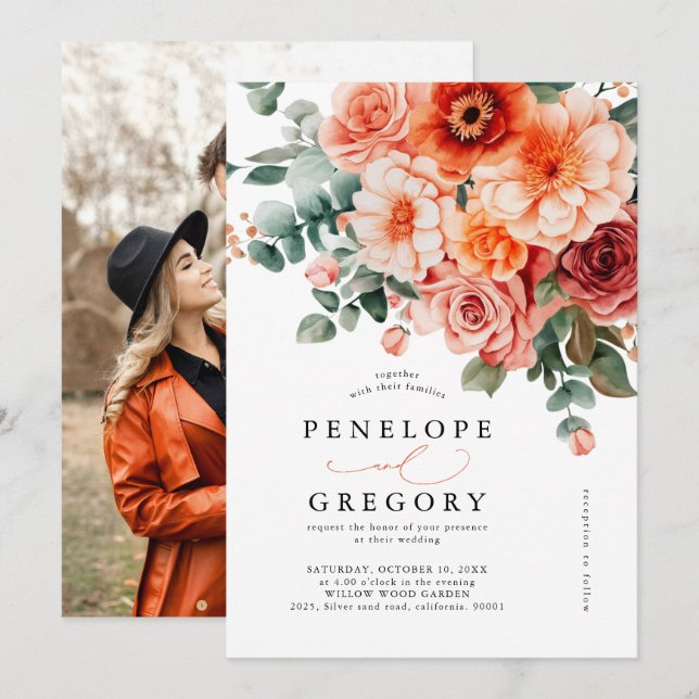Invitation Vérone Coucher de soleil Bright Orange Floral Mari (Devant / Derrière)