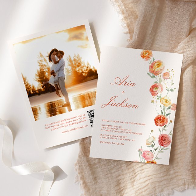 Invitation Vérone Coucher de soleil Orange Mariage Floral QR  (Créateur téléchargé)