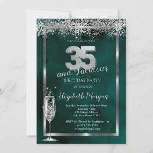 Invitation Verre à Champagne Confettis Argent Vert 35ème
